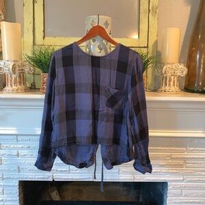 Cloth & Stone Blue Black Buffalo Plaid Lace Up Back Long Sleeve Top Size L